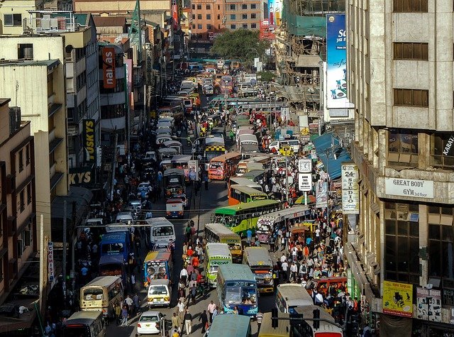 A Nairobi street with matatus in view